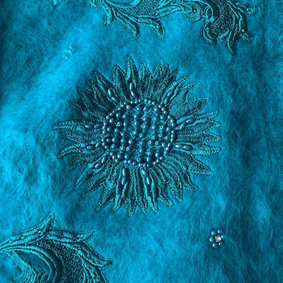 Rare Vintage Angora Embroidered Beaded NWT Dead-stock Turquoise Cardigan M - Picture 12 of 16